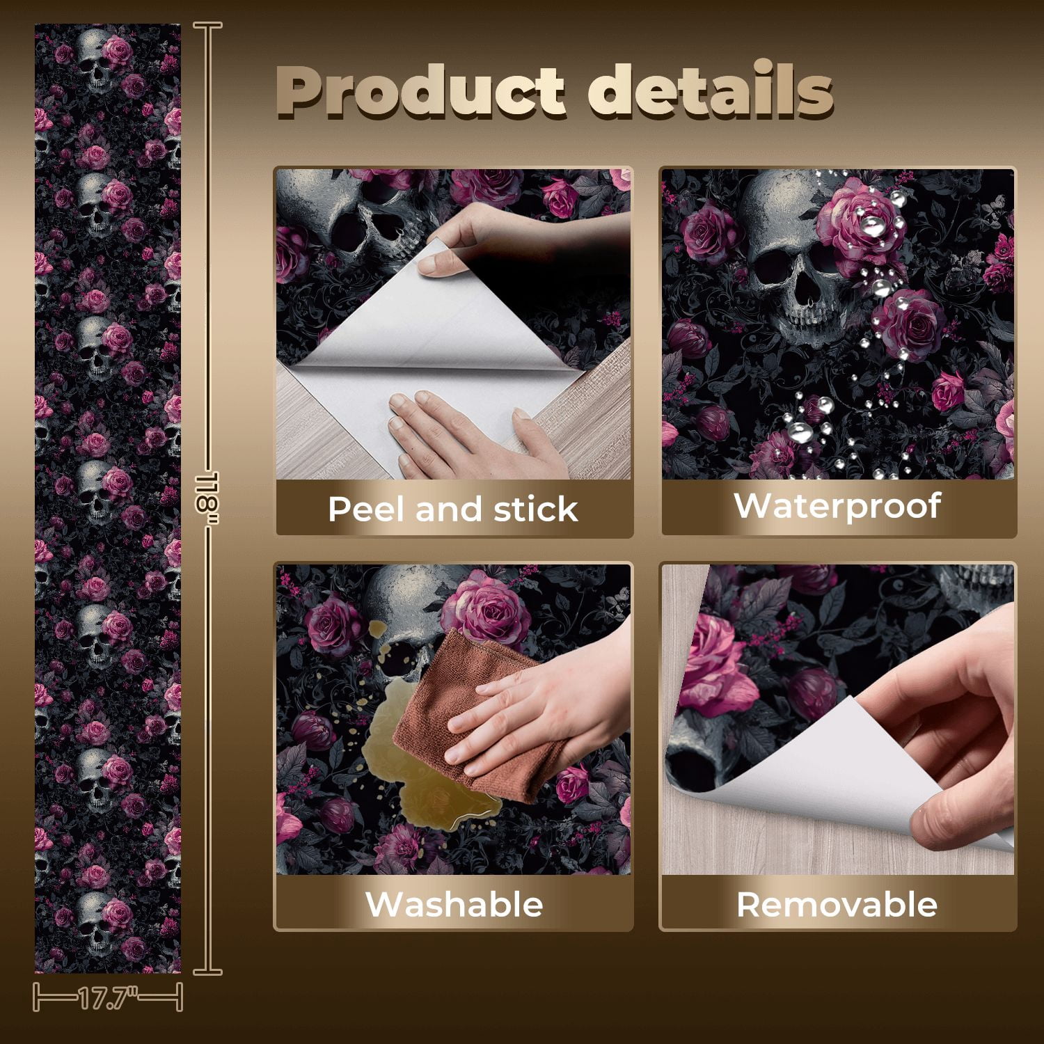 Boho Peel and Stick Wallpaper Gothic Skull Roses Dark Floral Wall Mural 17.7in x 9.8ft Self Adhesive Removable Wall Paper Renter Friendly Wallpaper for Bedroom Kitchen Farm