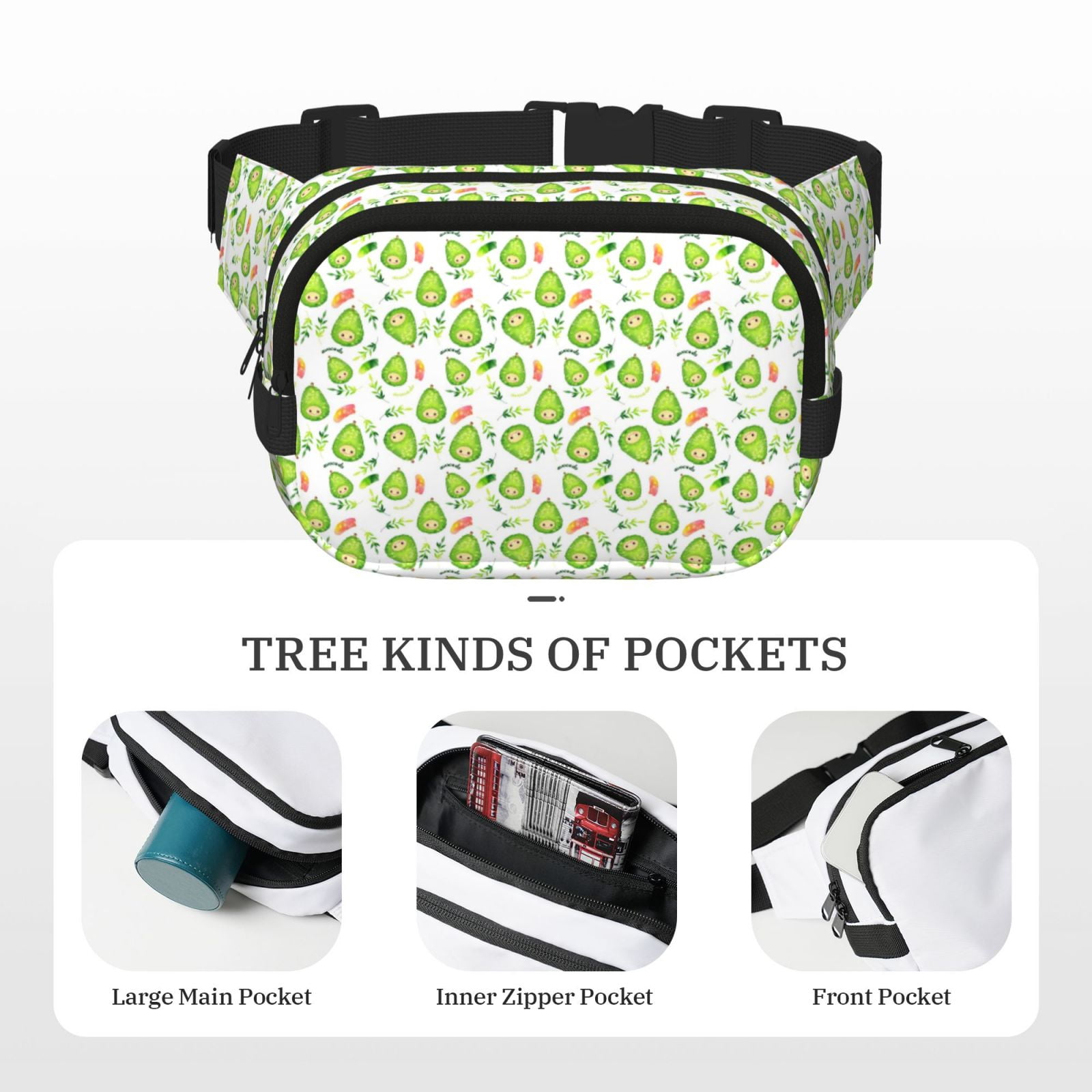 Picia Kawaii Avocado Print Square Double-Layer Waist Bag Mini Adjustable Waist Belt Bag Exercise Running Travel Hiking