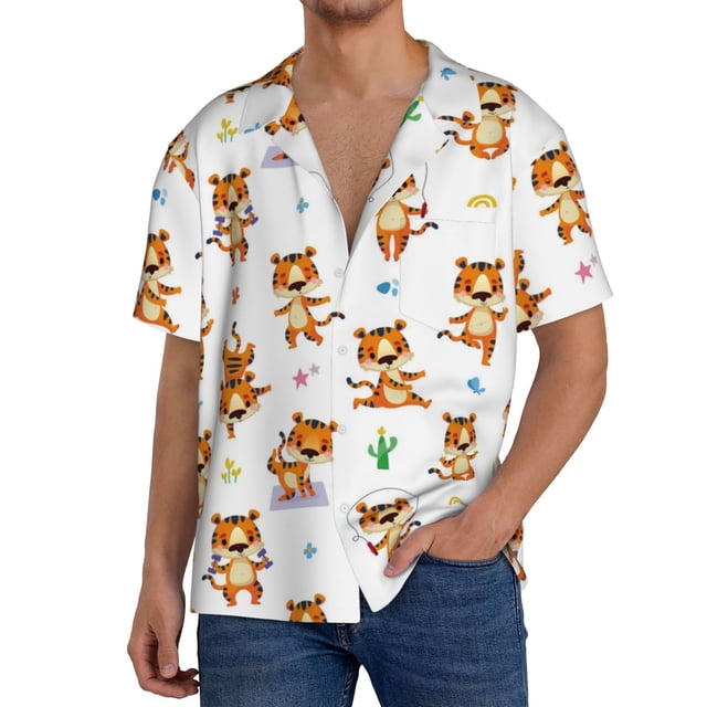 Balery Tigers go in for Sports Camisa Casual de Manga Corta con Botones para Hombre, Texturizada, Estilo Cubano, para Playa, Verano-4X-Large