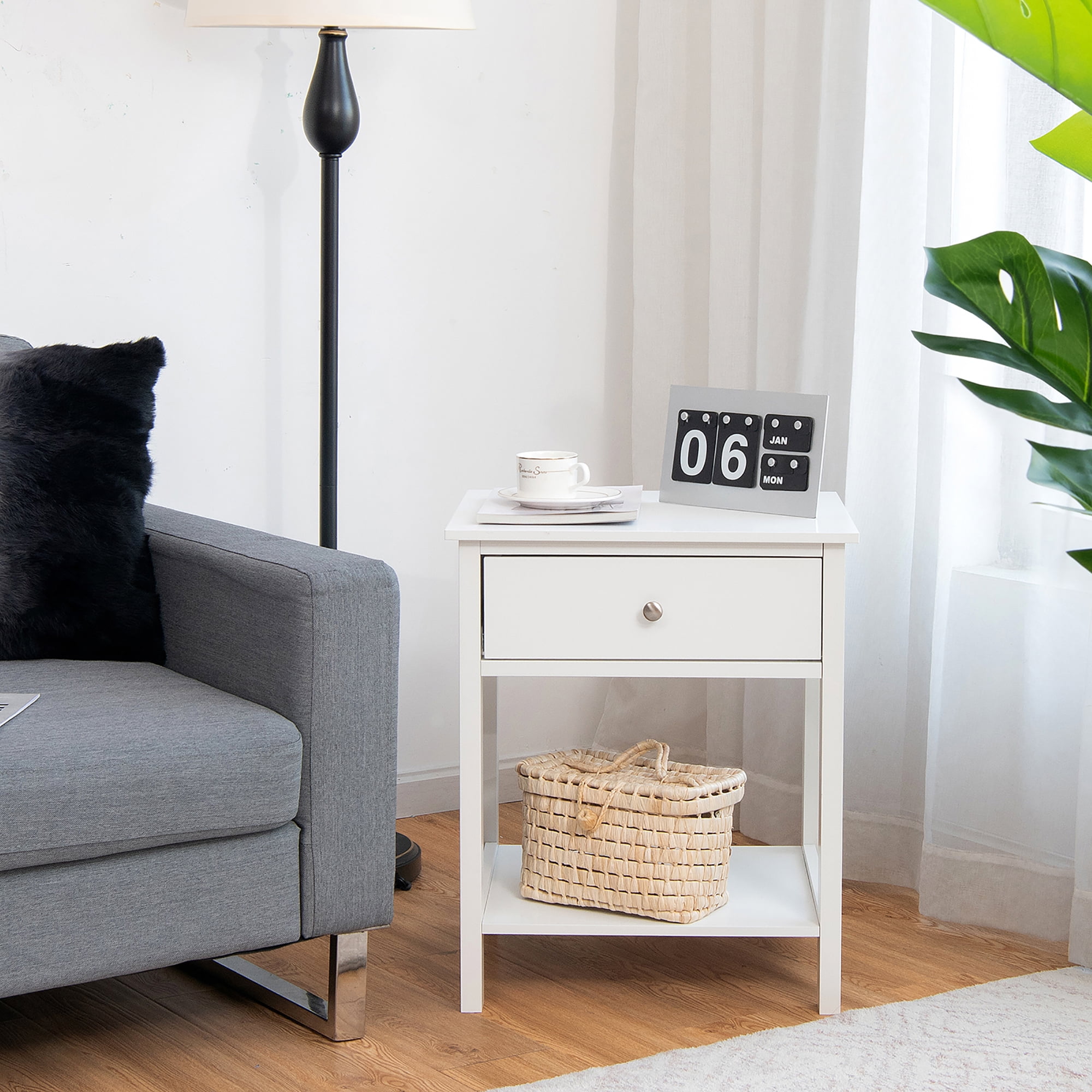 Costway Nightstand with Drawer Storage Shelf Wooden Bedside Sofa Side Table White