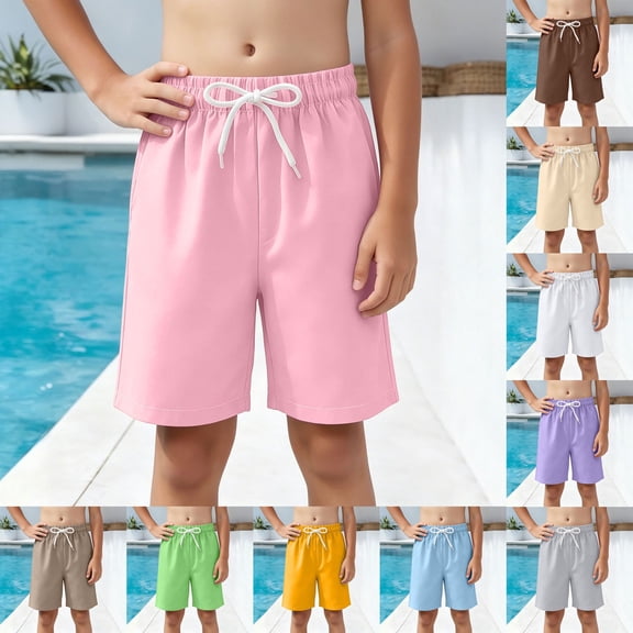 Faraee Boys Shorts Kids Athletic Summer Knee Length Sweatshort Teen Drawstring Elastic Waist Bermuda Short Pants with Pockets 5-14Y Beige