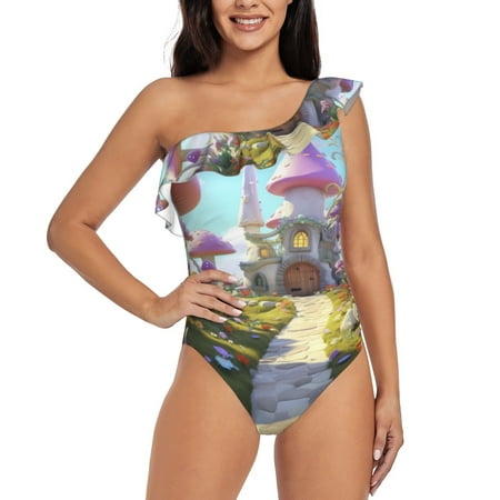 Uemuo Dreamy Mushroom House Print Women s One Piece Swimsuit Asymmetrical Neck Bathing Suit One Shoulder Side Cutout Ruffle Swimwear-X-Large
