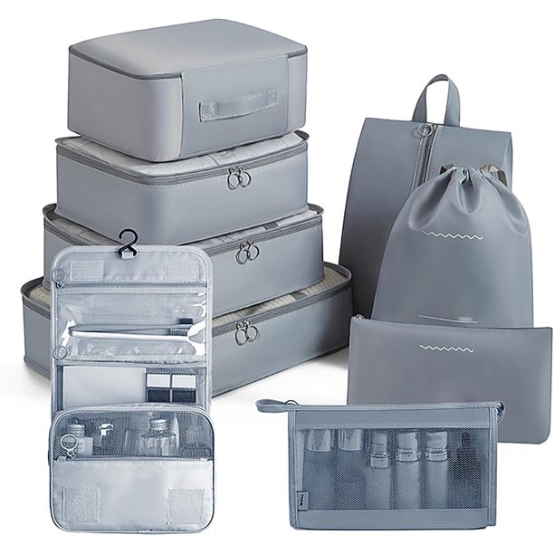 Organizador de Viaje para Maletas - Set de 9 Bolsas Organizadoras de Viaje - Organizador de Equipaje para Ropa, Ropa Interior, Cosméticos, Accesorios, Zapatos (01 Gris)