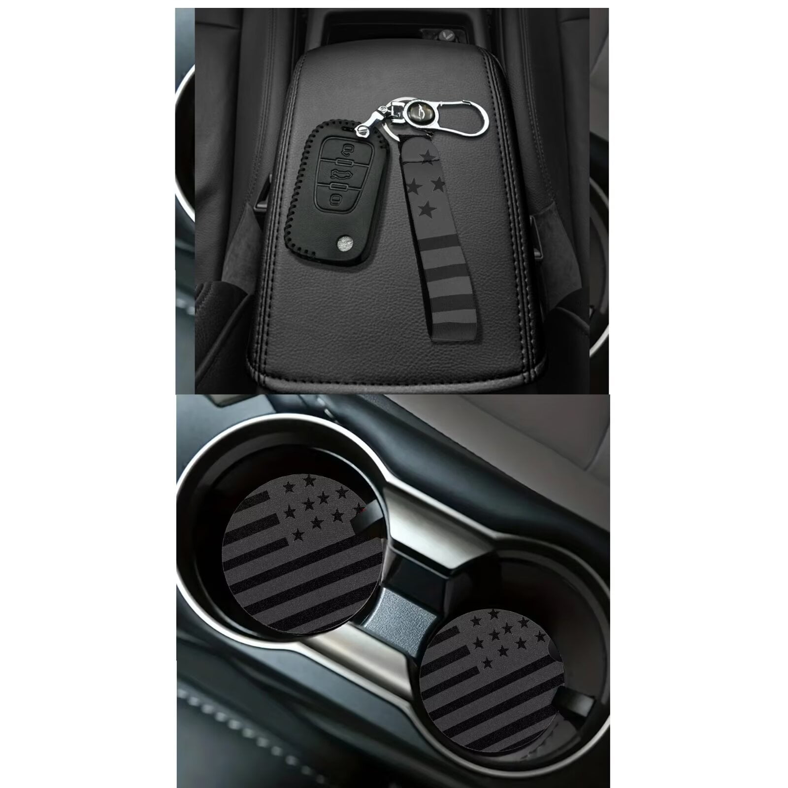 Uorisanigo Black American Flag 15Pcs Car Seat Covers Font Rear Set with Steering Cover,Seatbelt Pads,Car Trash Bag,Air Vent Pouch,Key Chain,Rearview Mirror Cover,Coasters,Interior Accessories Set