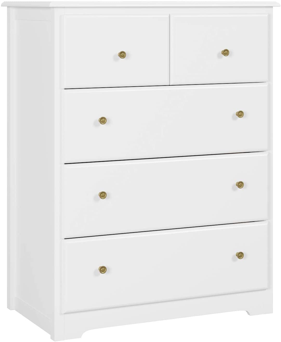 Homfa Horizontal Dresser, Modern Dresser of 5 Drawers, Dresser Chest with Easy Pull Handle for Bedroom, White Finish