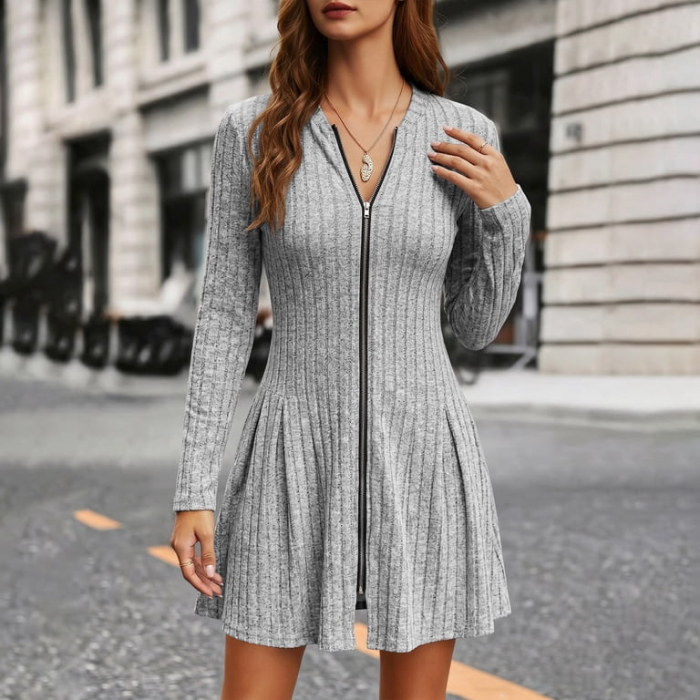 knit travel dresses Qzwdhjm Mini for Womens Full Zip Long Sleeve Ribbed Dress V Neck Stretch Slim Fit A Line Dresses for Travel, Women's, Size: XL, Gray sku_314632