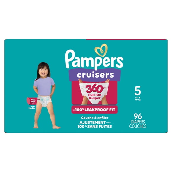 Pampers Diapers - Cruisers 360° - Size 5, up to 100% Leakproof Fit, Designed for Active Babies, Pull On Diaper, EZ Off Tabs Designed for Easy Changes