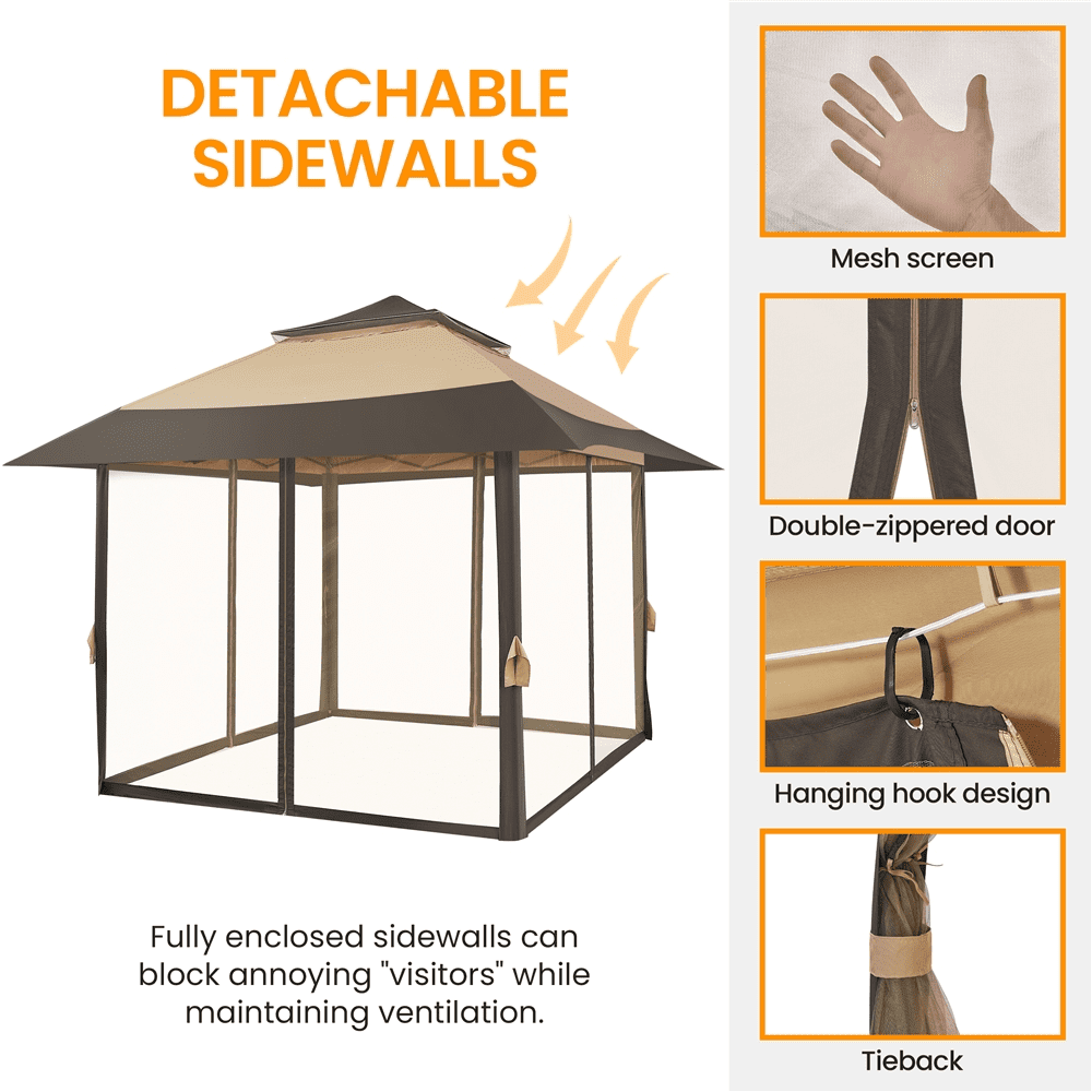 Renwick 13×13 Ft Pop Up Gazebo Tent with Four Mesh Sidewalls, Khaki/Brown