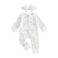 thumbnail image 2 of Loicainy Newborn Baby Girl Spring Fall Romper 3 6 Months Bow Print Long Sleeve Full Length Zipper Front Ribbed Jumpsuit Bow Headband 2Pcs Set, 2 of 9