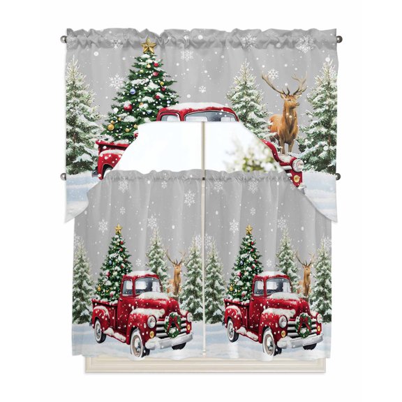 Christmas Truck Kitchen Curtains Swag Valance and Tier Curtains Set 36 Inch Length, Winter Snowflakes Xmas Tree Deer Grey Rod Pocket Drape Panels Pair Swag Curtains for Bathroom/Cafe/Window