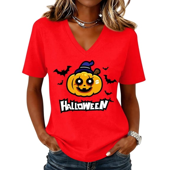 Qwertyu Halloween Shirts for Women Plus Size Ghost Pumpkin Print Short Sleeve V Neck Halloween Tshirts Casual Cute Halloween Graphic Tees Red S