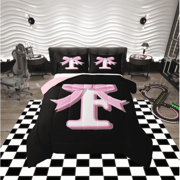 Erosebridal Initial Letter F Bedding Sets Twin with Comforter, Black Pink Duvet Insert, Kawaii Bow-tie Reversible Down Comforter, Lightweight Room Decorative, 2pcs