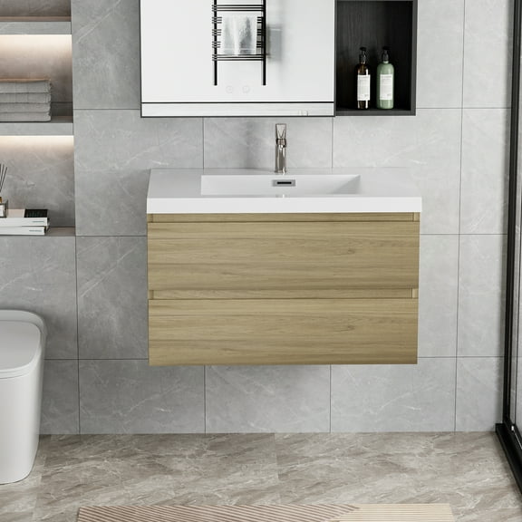 36" Bathroom Vanity, Natural Oak Finish Cabinet With Soft Close Drawers And Resin Basin Floating Vanity Sink, Comfortable Drawer Functionality