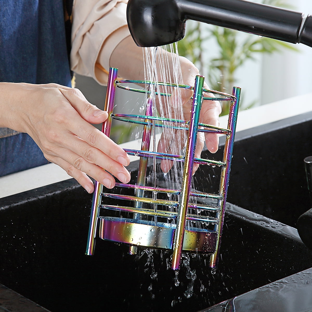 Just Houseware Rainbow Stainless Steel Utensil Holder, Cooking Utensil Organizer with Drain Holes, Extra Large Kitchen Utensil Holders for Countertop