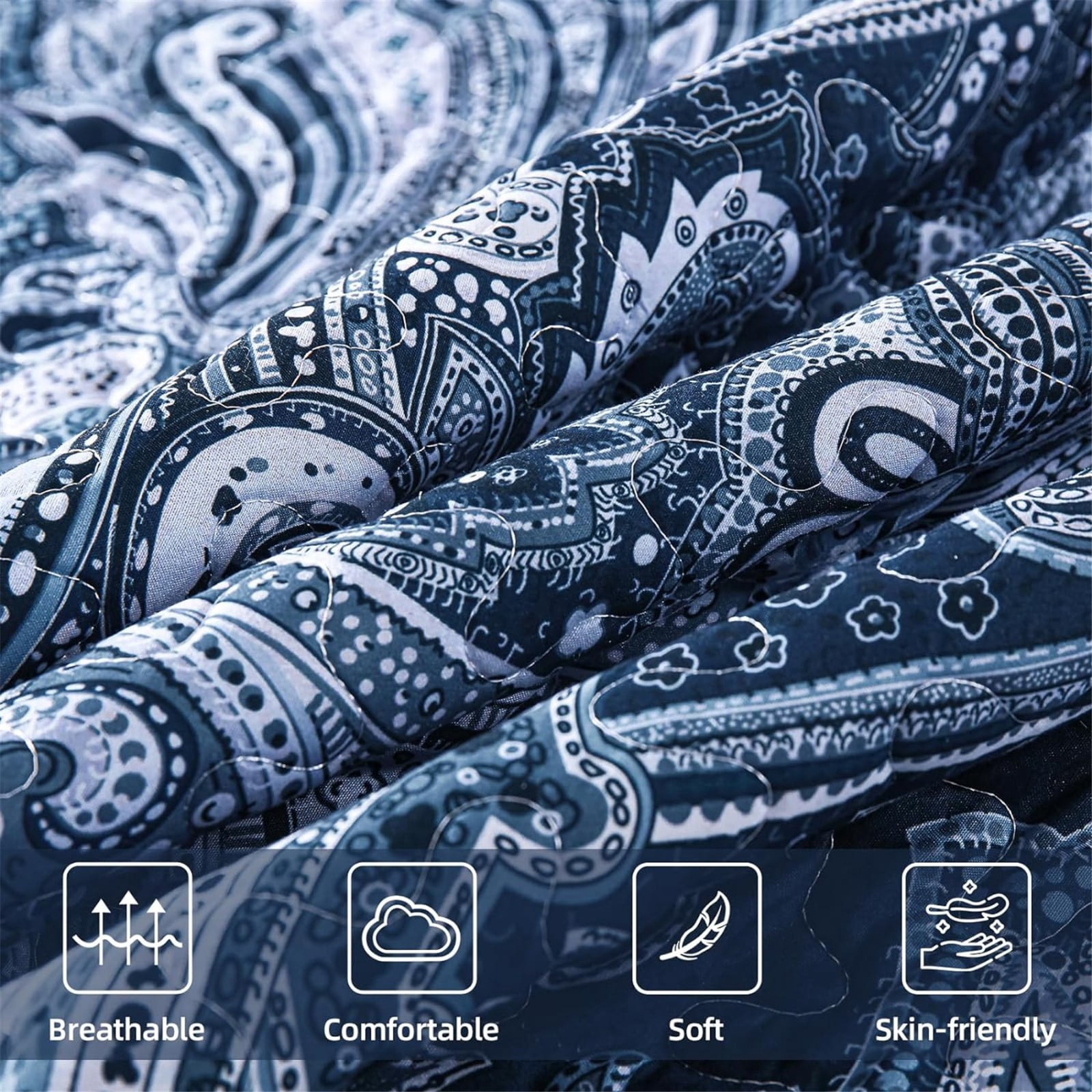 Dintszyayue Navy Quilt Set Queen Size,3Pcs Bohemian Bedding Set Lightweight Paisley Adult(90"x 96")