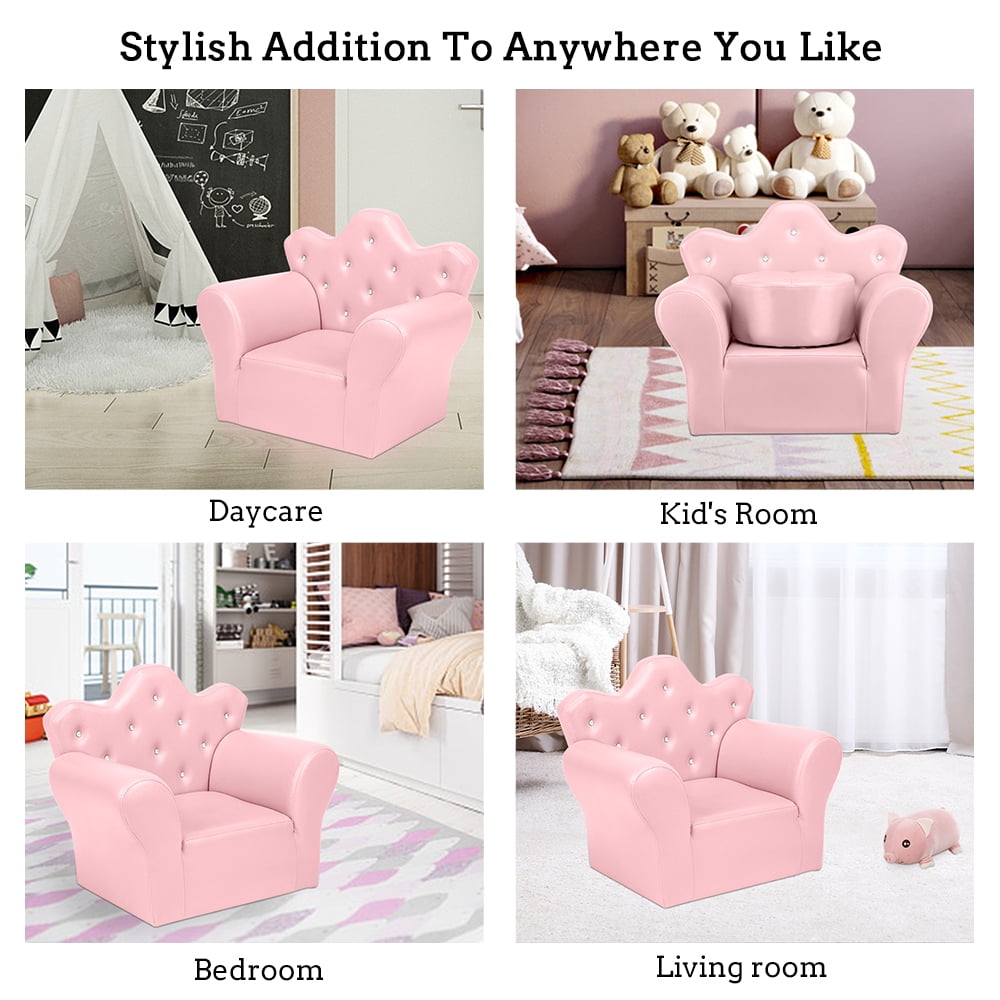 Private Jungle Children Upholstered Sofa PVC Leather Princess Sofa with Diamond Decoration，Mini Sofa for Boys and Girls，Pink