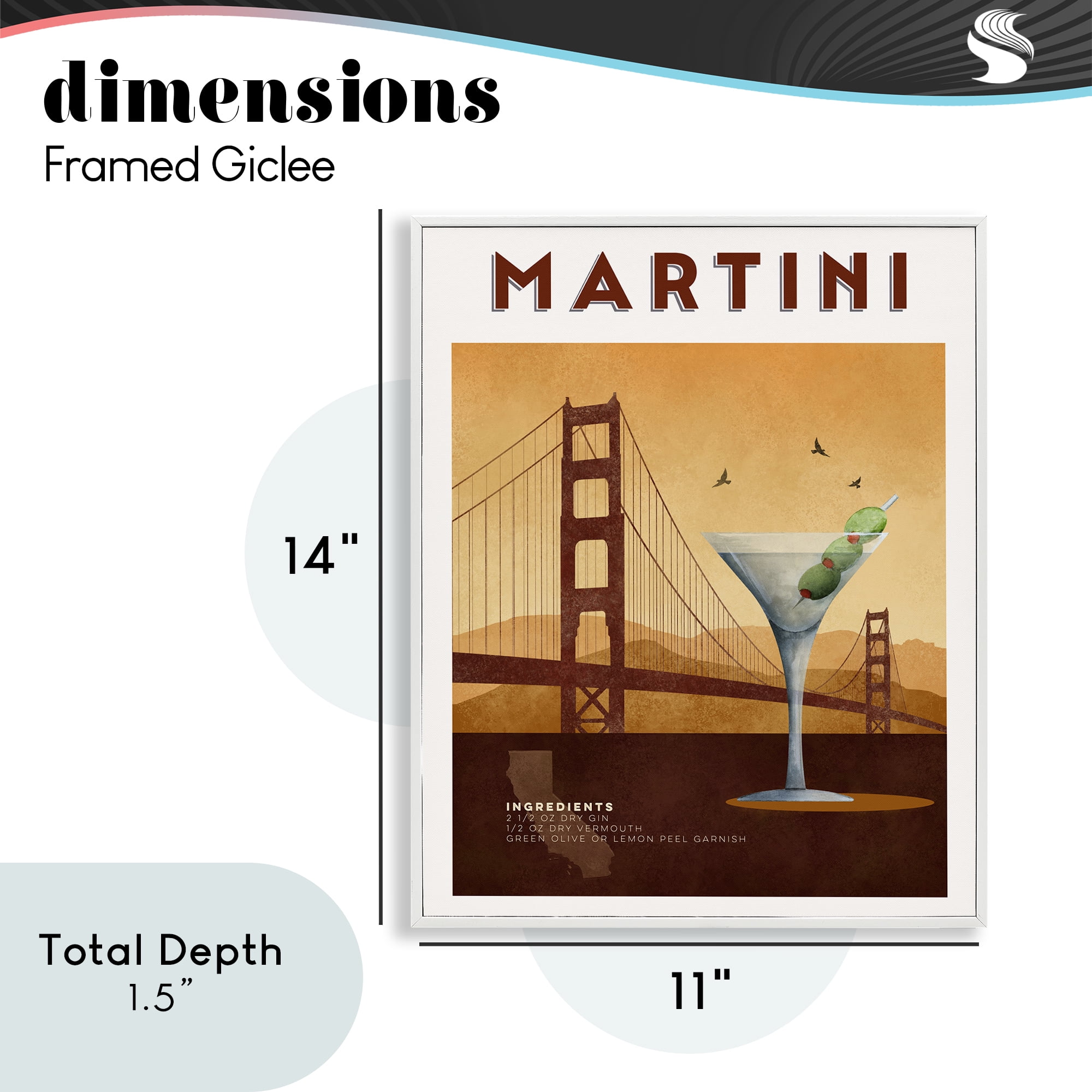 Retro Martini & Bridge View White Framed Giclee Art, design by Brett Blumenthal