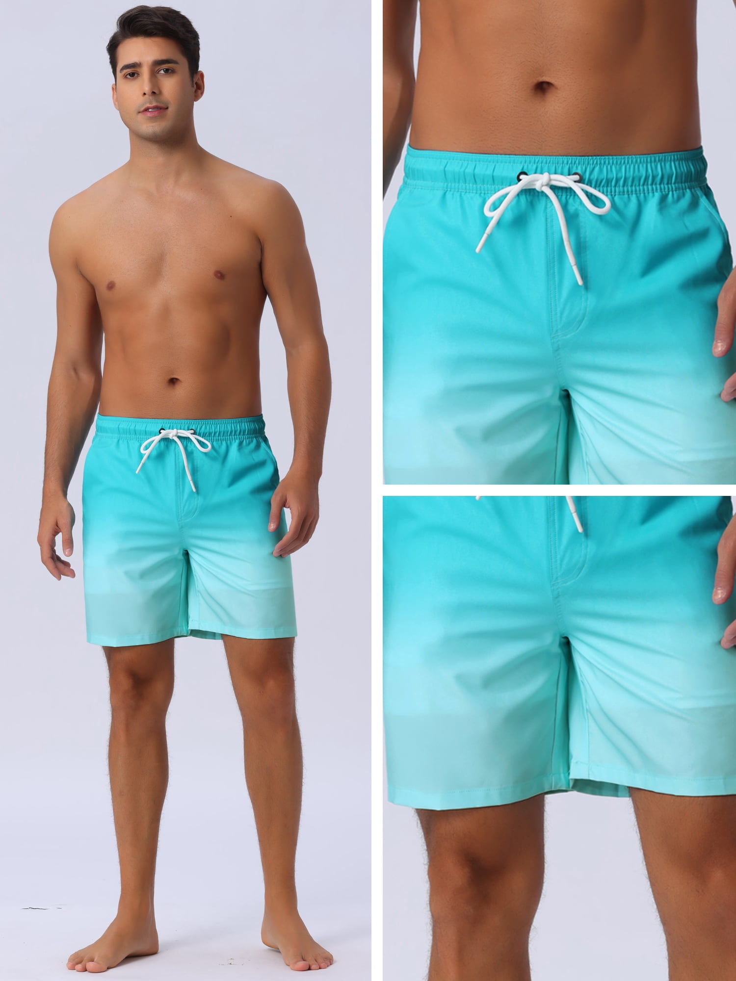 DARING DIVA Men's Gradient Color Drawstring Elastic Waist Lining Swimming Trunks 36 Light Blue