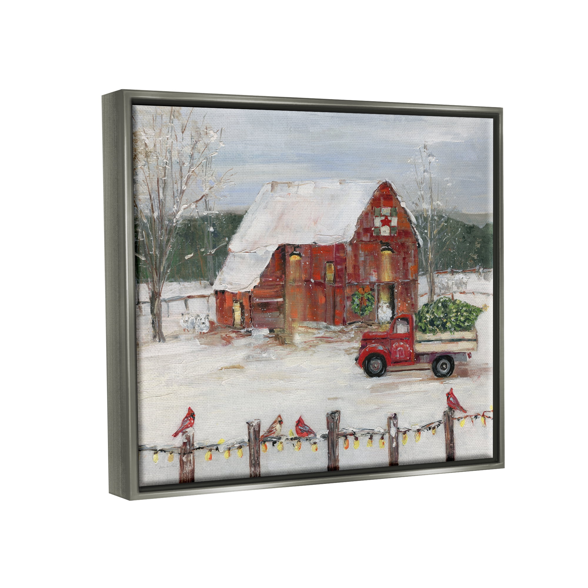 Stupell Industries Holiday Barn Winter Scene Holiday Painting Gray Floater Framed Art Print Wall Art