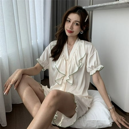 

PIKADINGNIS Loose Version Pajama Set Summer Pajamas Sexy Sleepwear Women Nightgown Meryl Plus Size Imitated Silk Fabric
