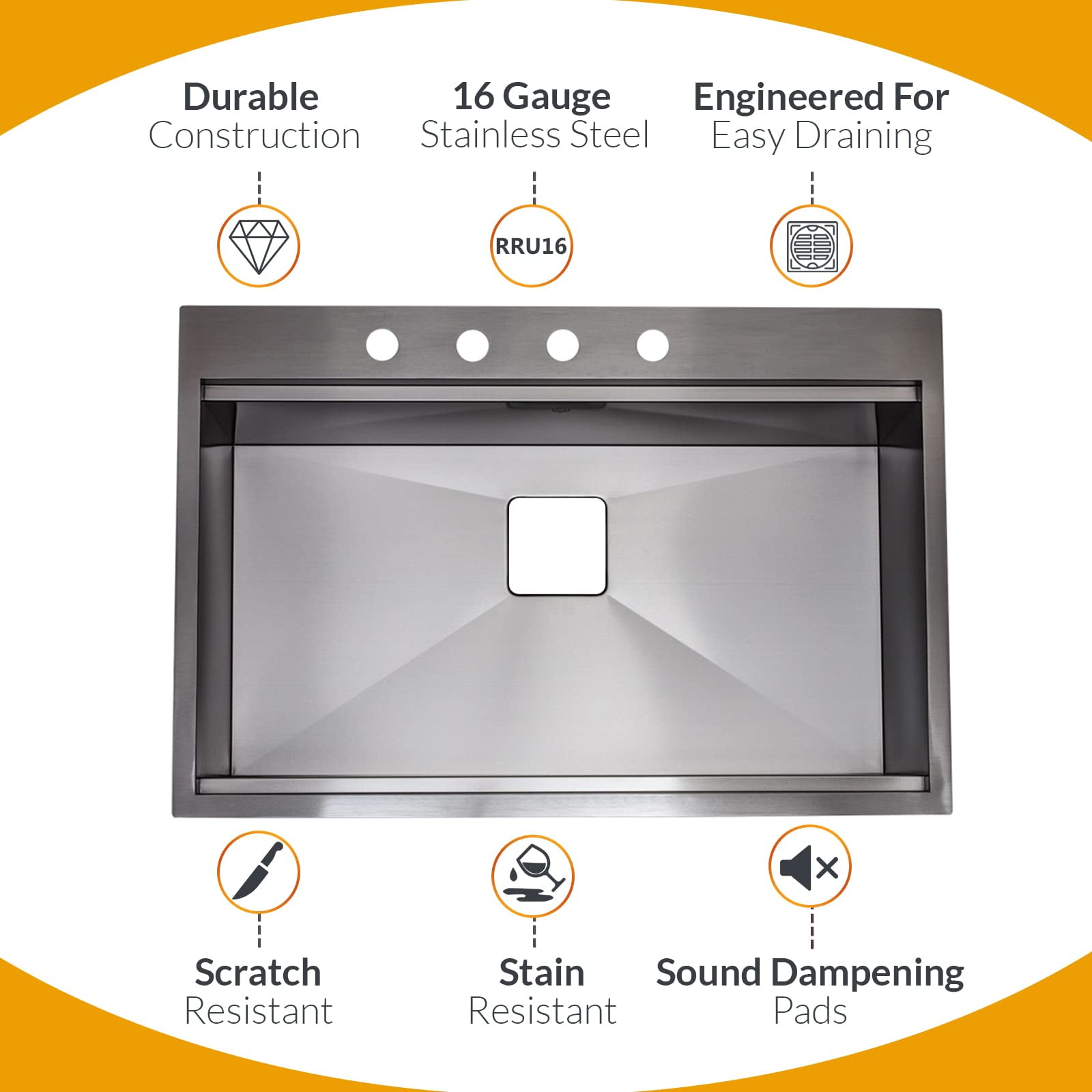 Strictly Sinks 33" Topmount Kitchen Workstation Black Single Bowl 16ga Stainless Steel Drop In Sink