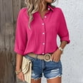 thumbnail image 2 of Yubnlvae Women's Linen Button-Down Shirt - Oversized V-Neck 3/4 Sleeve Casual Blouse (Muslin Cotton | Beach Style) (Hot Pink | 5XL), 2 of 9