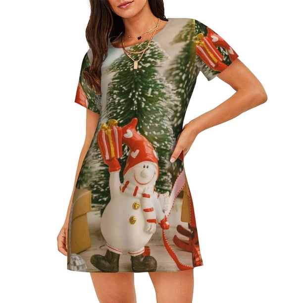 Balery Holiday Christmas Stars Camisón de manga corta con cuello redondo para mujer, cómodo y elegante.