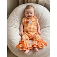 thumbnail image 5 of BemeyourBBs Toddler Baby Girls Halloween Outfit Baby Girl Summer Fall Clothes Plaid Gingham Romper Overalls Pumpkin Ghost Embroidery Sleeveless Ruffle Bow Flare Pants Bell Bottom Jumpsuit, 5 of 7