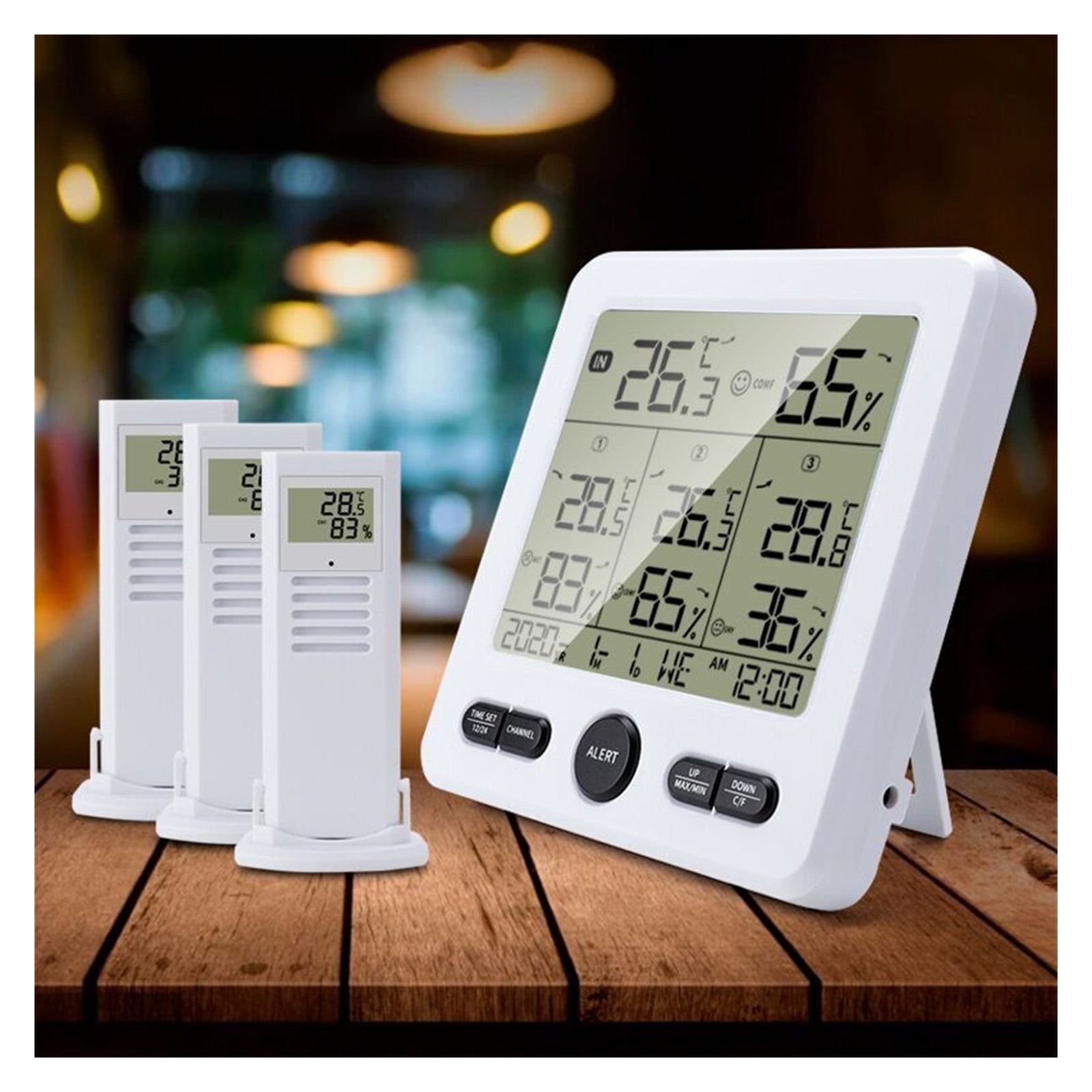 Weather Station Wireless Indoor Outdoor Thermometer Digital Temperature Hygrometer with 3pcs Remote - WHITE