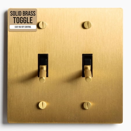 2-Gang Satin Solid Brass Plated Toggle Switch, 15A 120V AC Wall Mount, 3-Way Compatible Vintage Style Single Pole with Faceplate & Switch Module