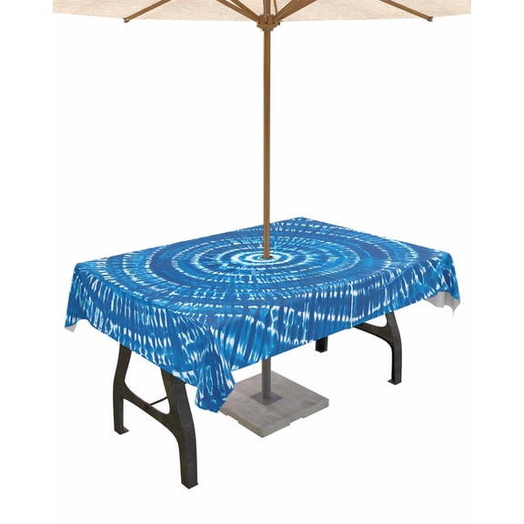 Fsddascl Blue Boho Geometric Outdoor Tablecloth - 60x120 Inch Rectangle Dining Table Cover, Ombre Abstract Tie Dye Aesthetic Waterproof Outdoor Table Cloth with Umbrella Hole & Zipper for Patio