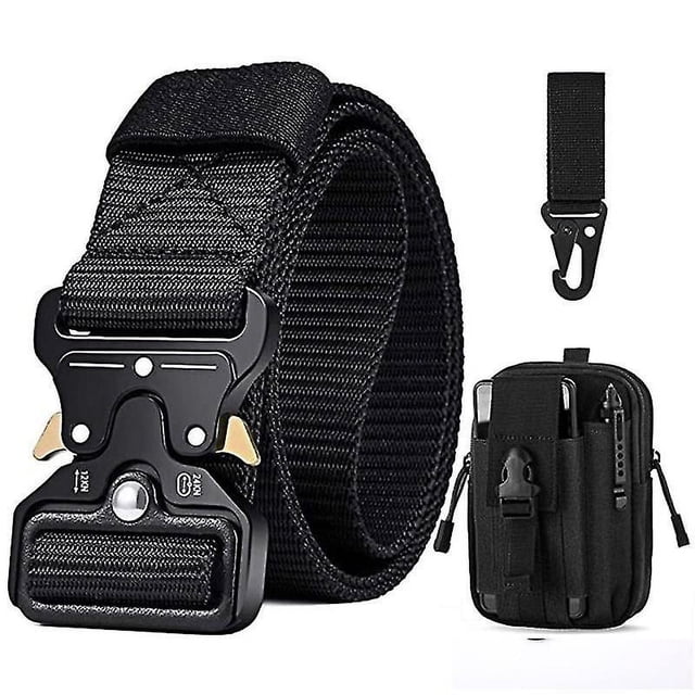 Cinturón táctico para hombre, cinturón militar con hebilla de liberación rápida de metal, regalo con bolsa táctica y gancho Molle, Baobao negro