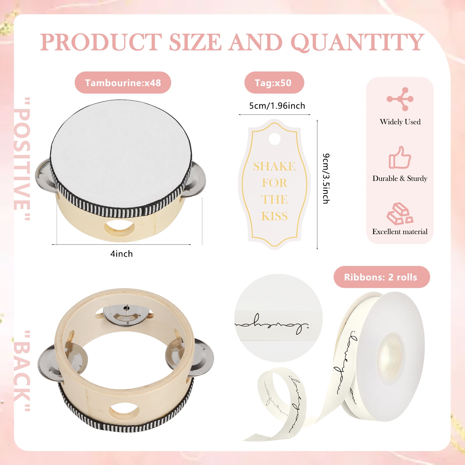 Strafriture 48 Set 4 Inch Tambourine for Hand Held Drum with Gift Tags & White Printed Ribbon Percussion Gift Musical Instrument for Church Wedding Party Favor