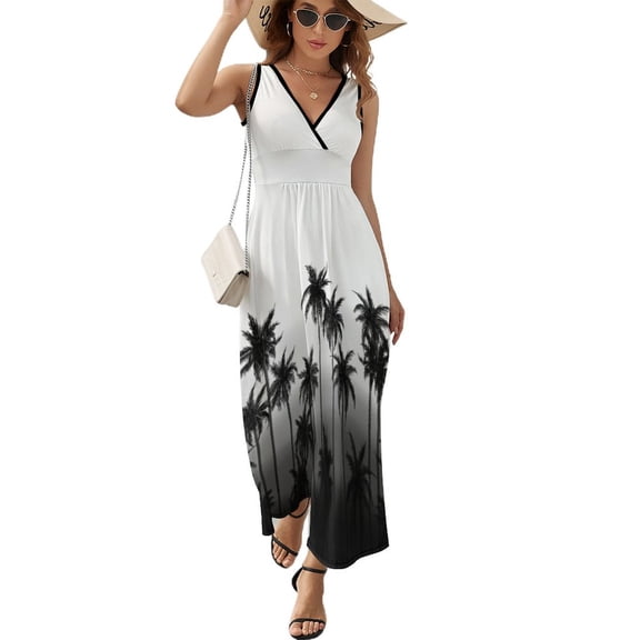 2025 women summer dress clothes Woman dress summer loose Dress Sleeveless Tree Palm White and Black