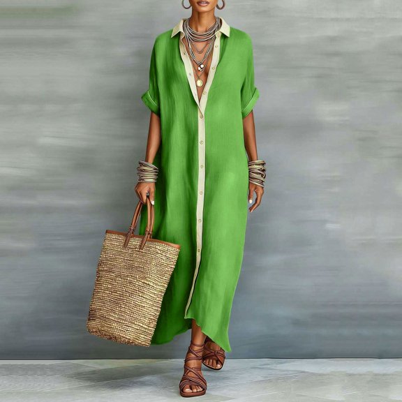 Guieoi Womens Dresses Plus Size Summer Short-Sleeve V-Neck Button Up Dresses Sundresses for Women Green M
