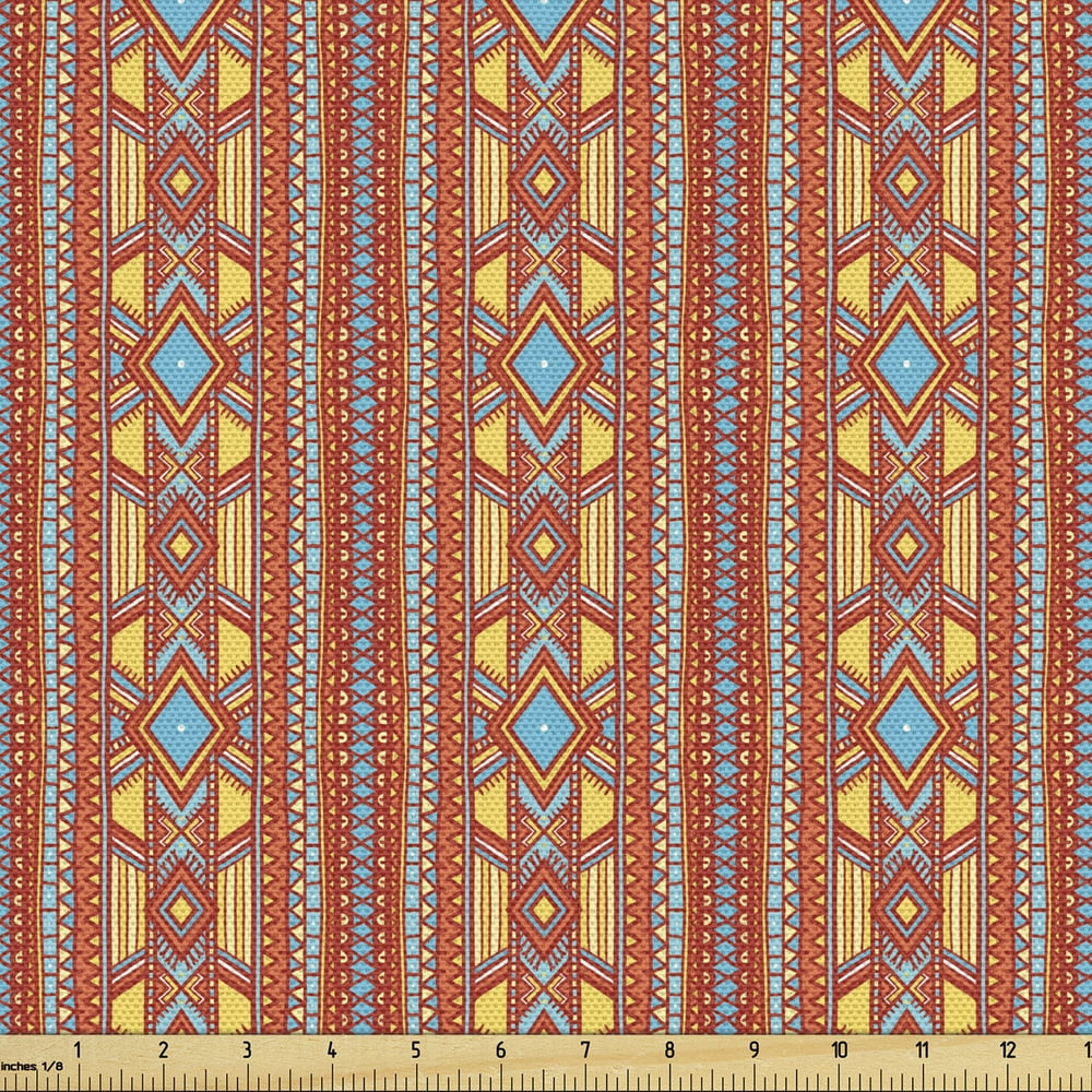 Tribal Fabric by the Yard, Tribal Arrangement with Geometric Elements Vertical Ornate Stripes