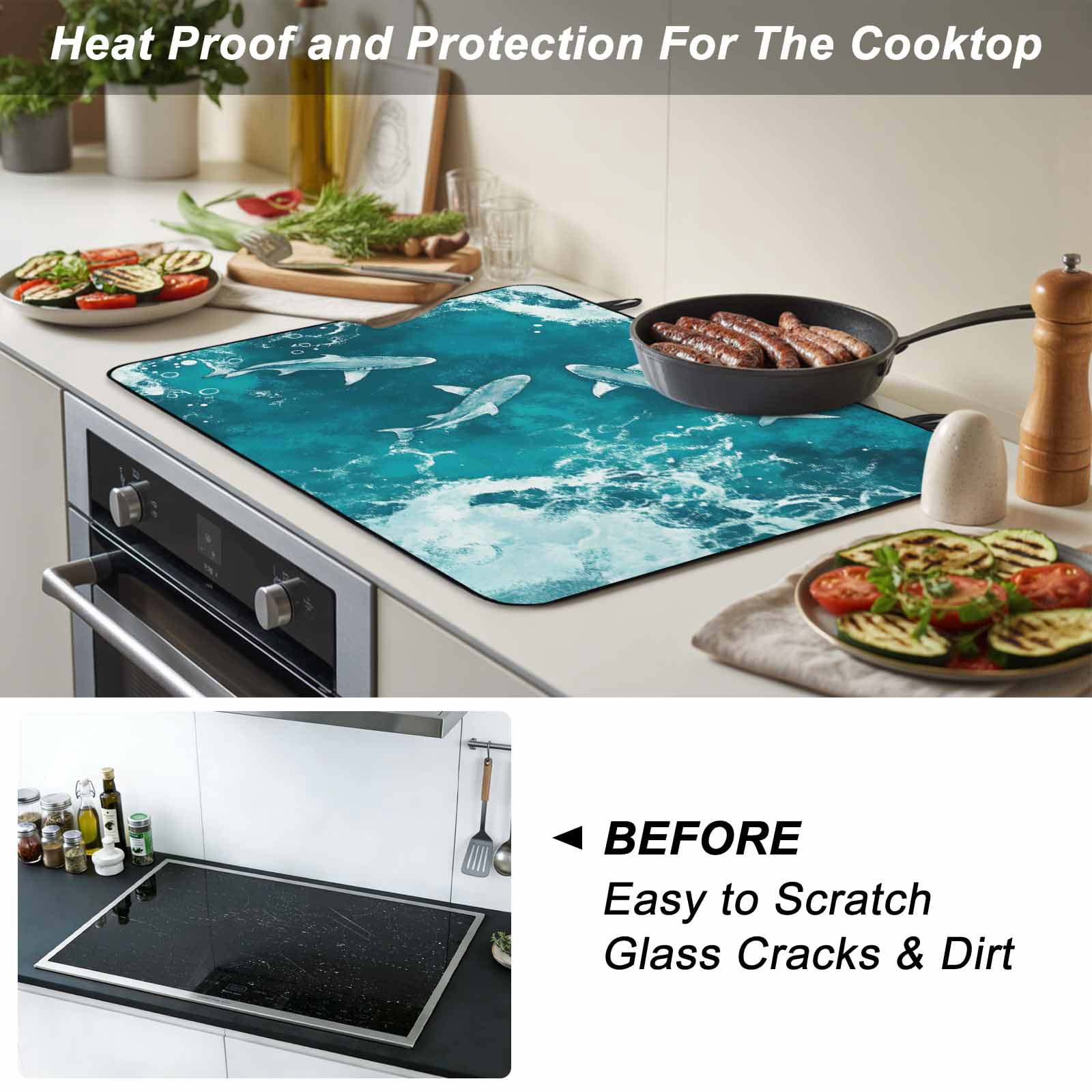 Teal Green Ocean Shark Stove Top Cover for Electric Stove, Heat-proof & Non Slip Glass Top Stove Cover Protector, Coastal Wave Summer Beach Kitchen Flat Cooktop Rubber Mat 24x21 Inches