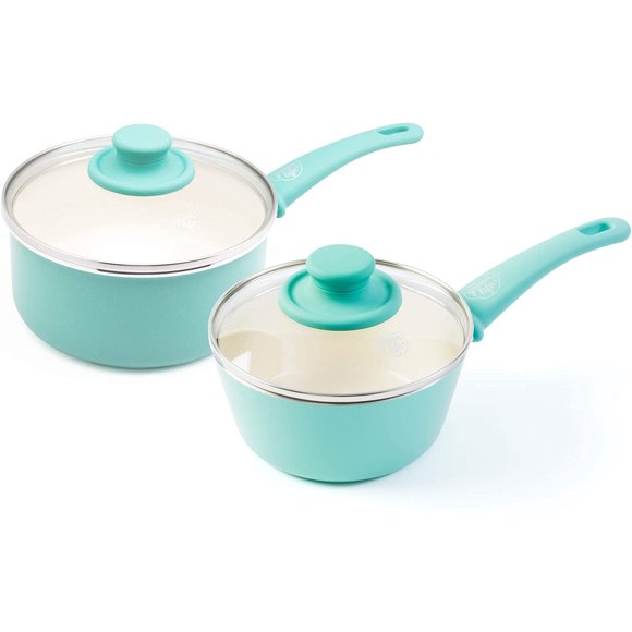GreenLife Soft Grip Healthy Ceramic Nonstick, Saucepans with Lids, 1QT and 2QT, Turquoise