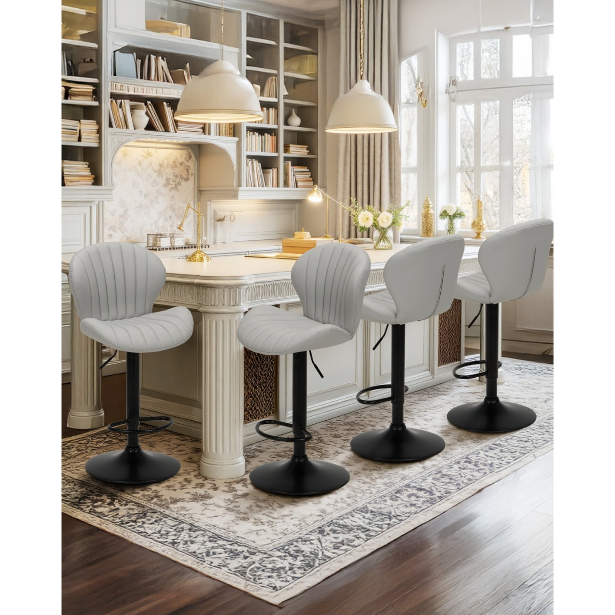 EOP Swivel Bar Stools Set of 4, Modern Upholstered Adjustable Height Counter Stools with Footrest, Faux Leather Upholstered BarStools with Metal Frame, Bar Chairs with Backrest, Gray