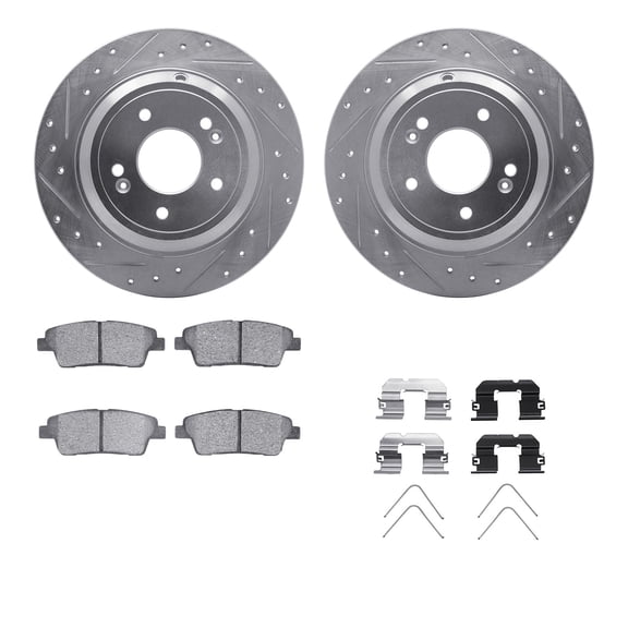 Dynamic Friction Company Rear Brake Rotors-Drilled and Slotted-Silver with 5000 Advanced Brake Pads includes Hardware 7512-03083