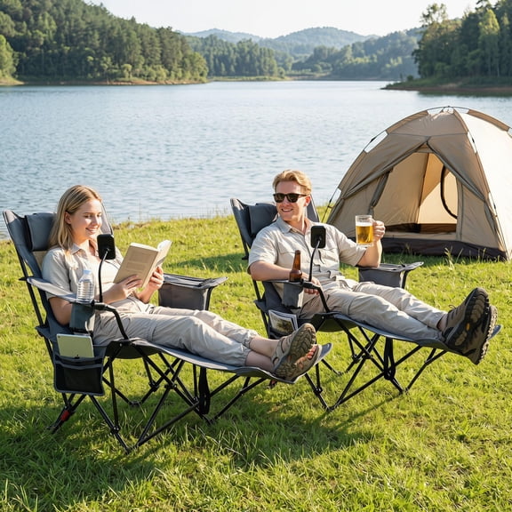 2-In-1 Reclining Camping Chair with Detachable Footrest, 3-Position Adjustable Mesh Folding Lounge Chair with Cup Holder and Storage Bag, Gray