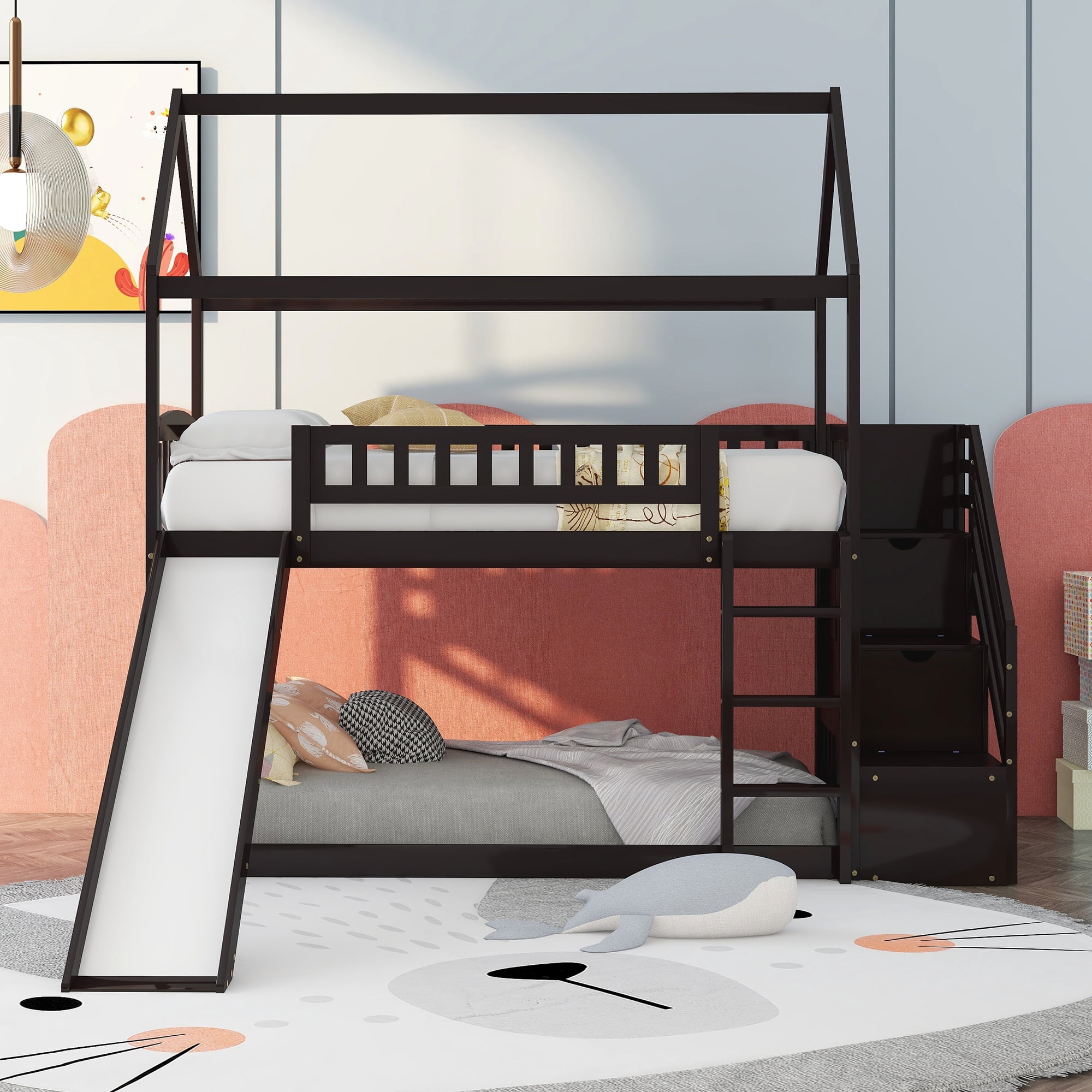 Bellemave Twin over Twin Bunk Bed with Slide and Storage Stairs, Wood ...