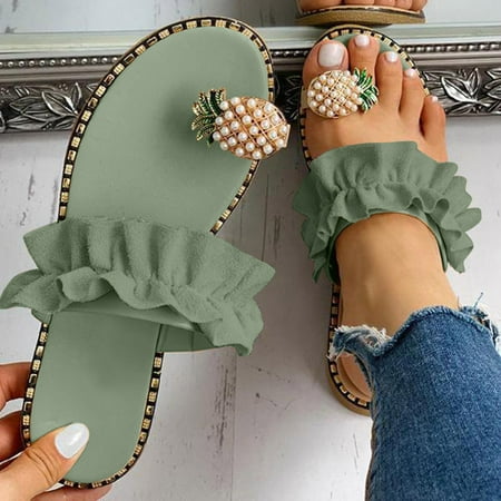 

MRULIC slippers for women Bohemian Women Casual Flat Beach Slippers Shoes Sandals Pearl Girls Style womens slippers house slippers for women Green + US:8.5