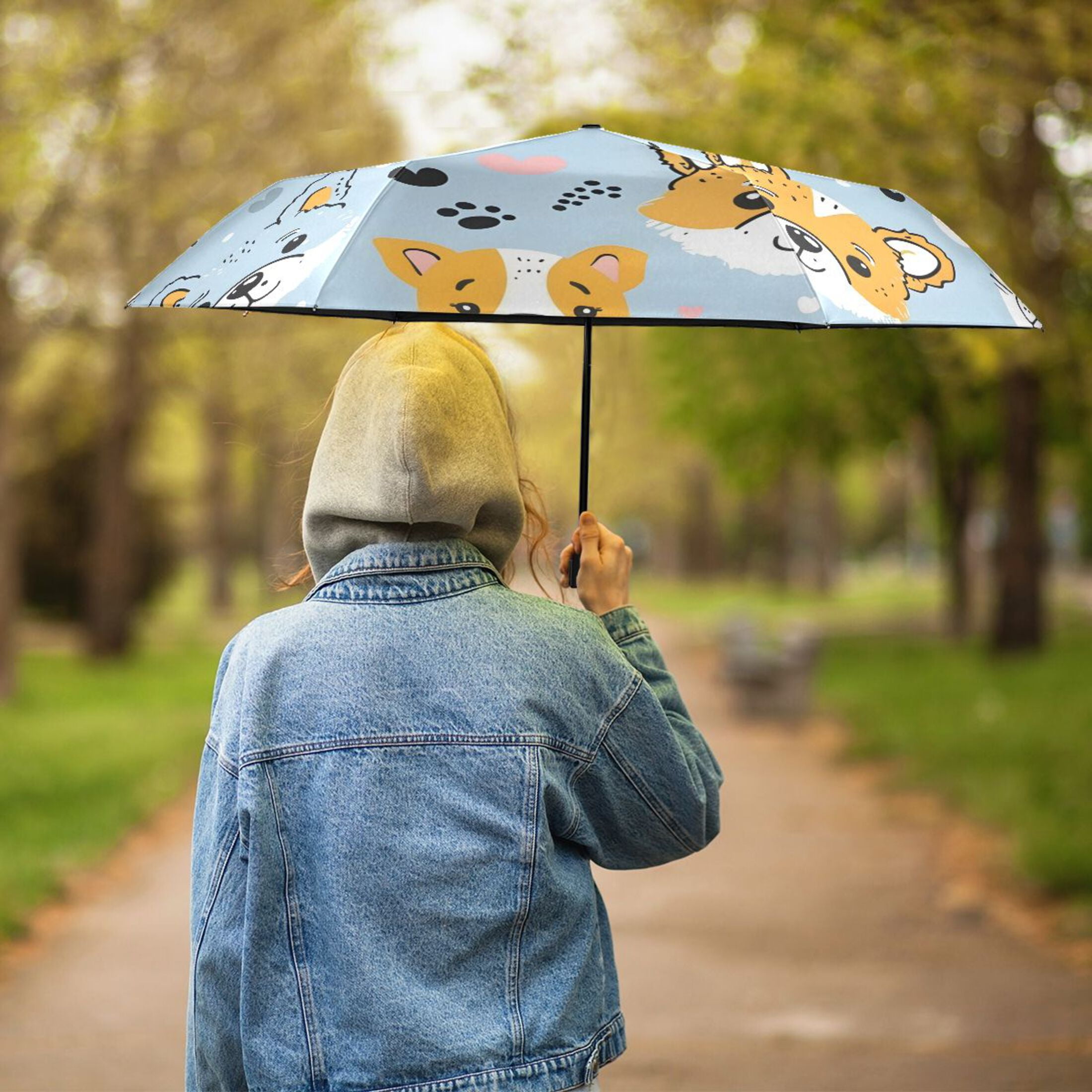 Cute Doodle Dogs Paw Prints Hearts All Weather Umbrella Triple Folding Parasol 6 Ribs UV Protection Portable