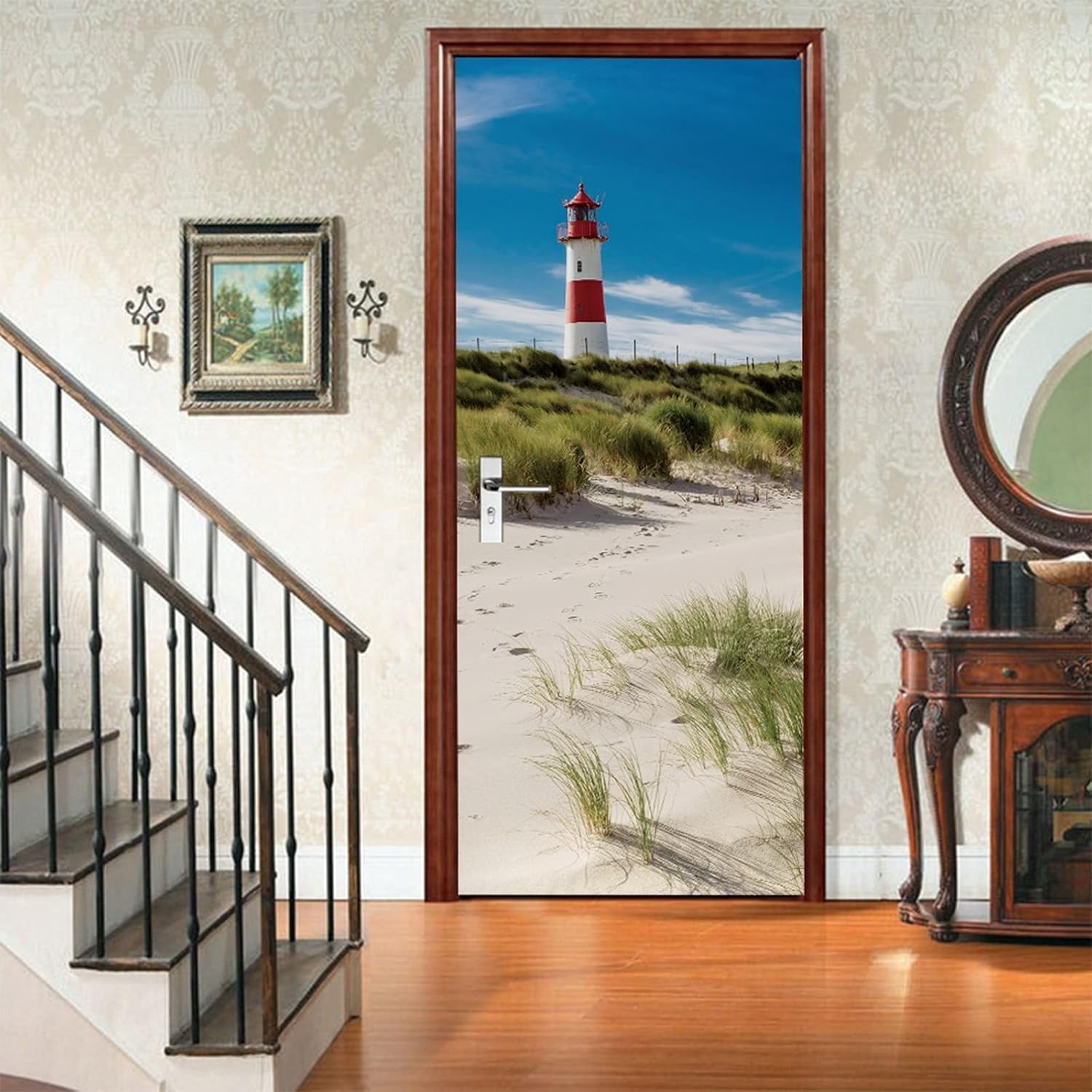 3D Door Stickers for Interior Doors Lighthouse Red White on Dune Sylt Island Germany Vinyl Waterproof Self Adhesive Door Mural,SP-F301,S(38.5x200cmx2Pcs)