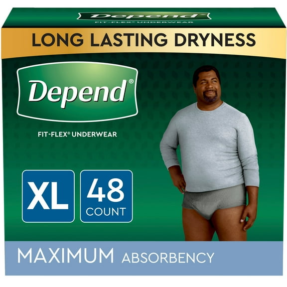 Depend Fit-Flex Men's Maximum Incontinence Underwear, XL, Grey, 48 Count