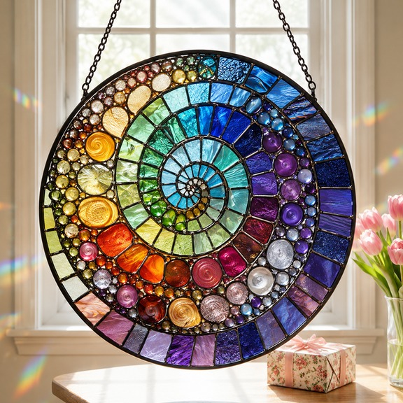 Godmerch Mandala Stained Glass Suncatcher Window Hanging Decor, Colorful Acrylic Spiral Sun Catcher Ornament for Home Garden, Boho Gift for Women Family Friends
