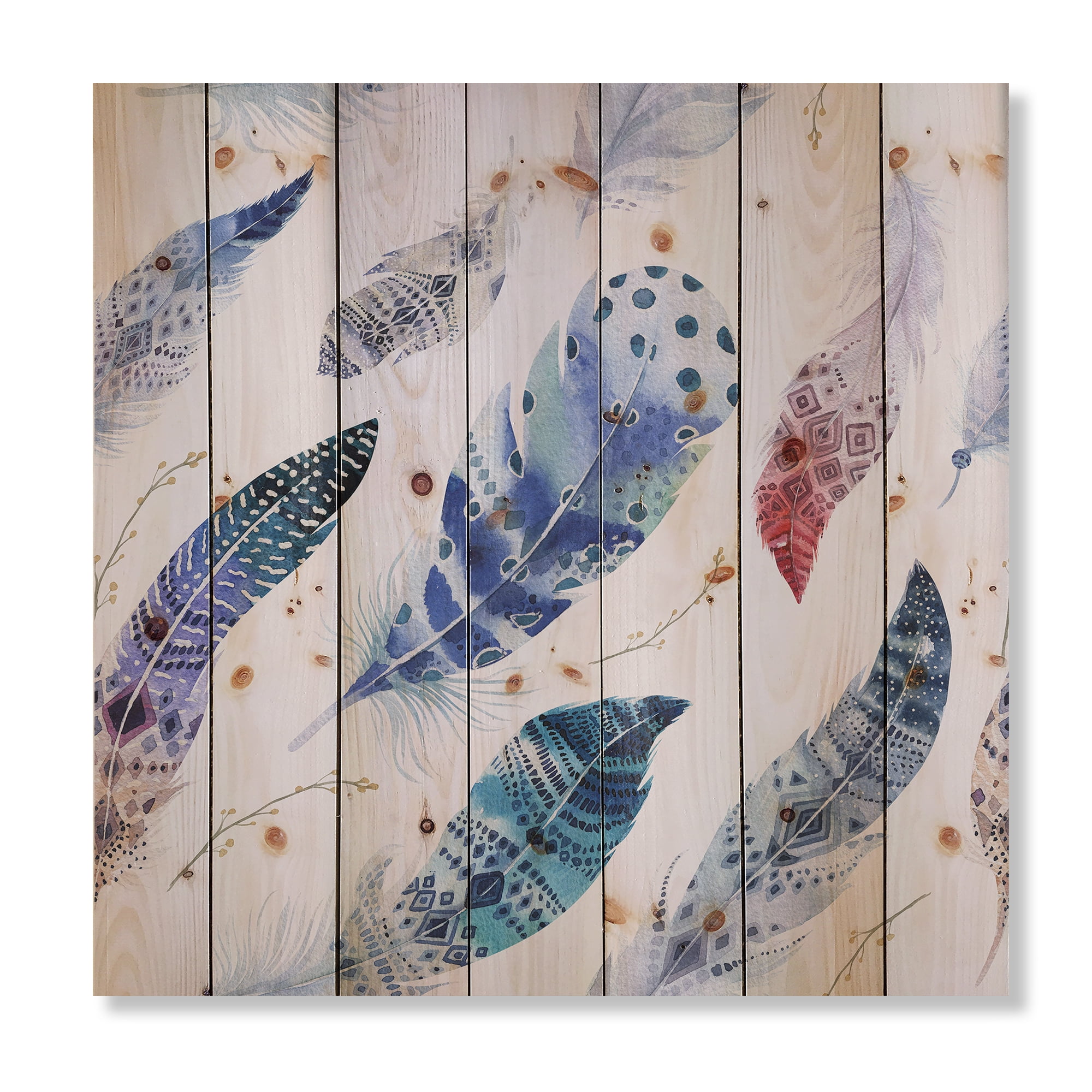 Designart 'Elegant Blue Boho Art Feathers' Bohemian & Eclectic Print on Natural Pine Wood