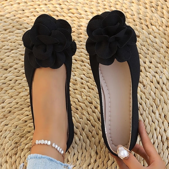 Ladies 2026 Summer Flat Shoes Solid Color Pointed Toe Floral Accent Soft Sole Slip On Lightweight Cushioned Orthopedic Arch Support Wide Toe Box Comfort Walking Daily Footwear Black 41