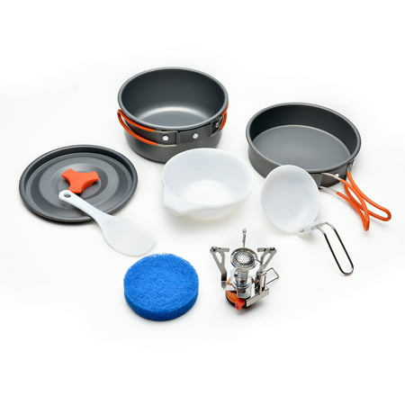 ODOLAND Camping Cookware Kit w/ Mini Camping Stove Best 1-2 Person Pot Pan (Best Quality Non Stick Cookware)